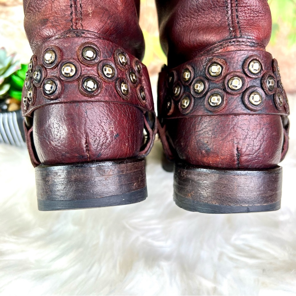 FRYE Heath Disc Harness Distressed Cognac Leather Boots, Beautiful Patina, 6B - Picture 13 of 16